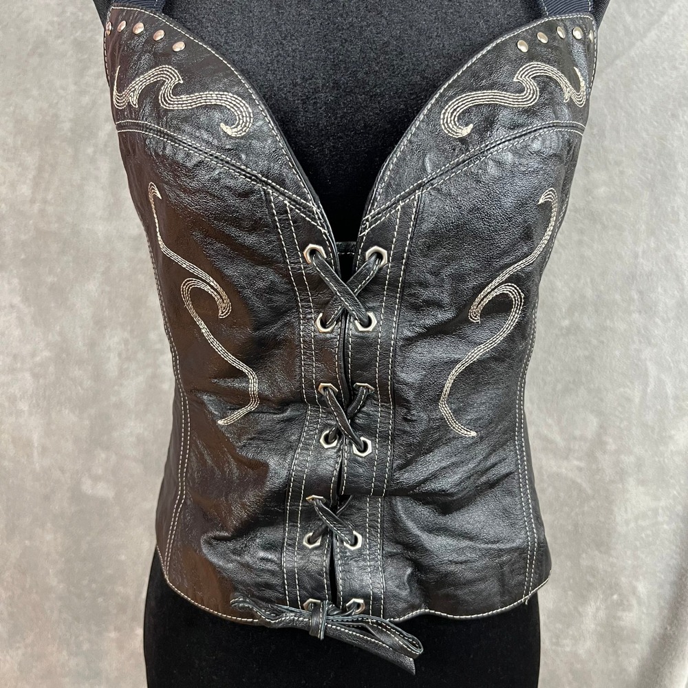 Harley Davidson Corset Vest Womens M Leather Lace Up Embroidered Biker Halter - Picture 2 of 9
